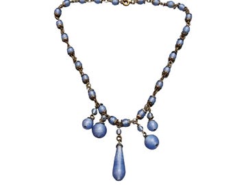 Vintage Art Deco Periwinkle Dangle Drop Glass Necklace (A2534)