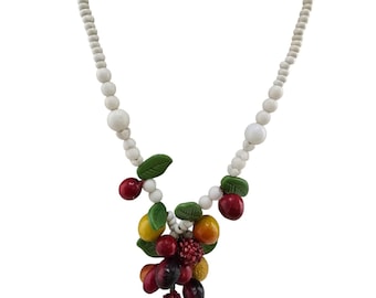 Amazing Vintage Milk Glass And Wooden Fruit Necklace (A8754)