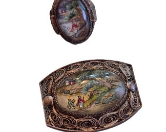 Antique Chinese Export Filigree 800 Silver And Glass Ring And Brooch Set (A9554)
