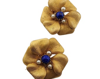 Vintage Brass Detailed Flower Petal Glass Clip Earrings (A3256)