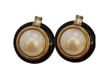 Vintage Valentino Enamel & Pearl Large Clip On Earrings (A3666)