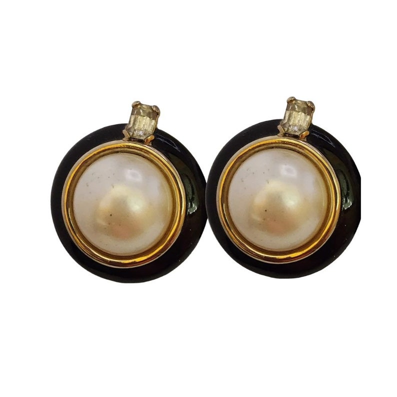Vintage Valentino Enamel & Pearl Large Clip On Earrings (A3666) image 1