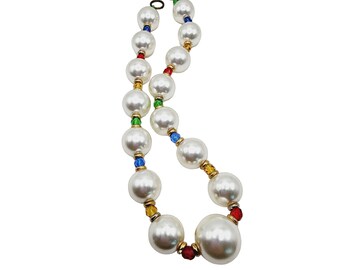 Vintage 80s Glass Pearl & Crystal Necklace (A1242)