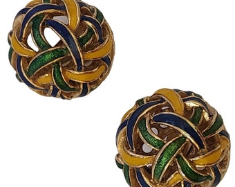 Vintage Signed Ciner Enamel Basket Weave Domed Clip Earrings (A3644)