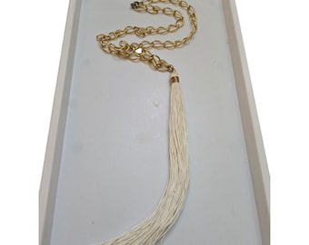Vintage Signed Bee Charming NOS White Silk Cord Huge Tassel Link Chain Necklace