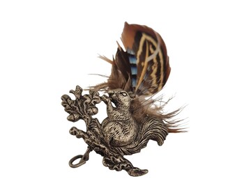 Super Cute European Silvertone Squirrel with Feathers Safety Pin Style Brooch