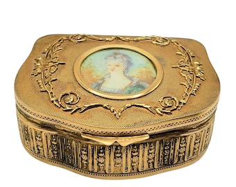 Antique French Gilded Brass Portrait Trinket Box w/ Hand Written Signature A2672