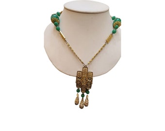 Antique 60's Glass & Acrylic Dangle Pendant Necklace (A3151)