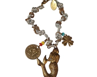 Vintage NOS Signed Bee Charming Silk Cord Mermaid Charm Friendship Bracelet