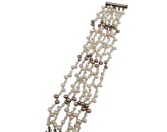 Vintage Pearl Crystal & Sterling 6 Strand Bracelet (A9204)