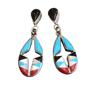 Vintage Zuni Signed Sterling Earrings with Turquoise Coral Onyx MOP (A2143)