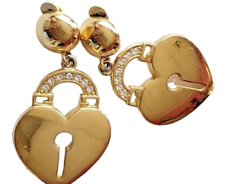 Signed Givenchy Paris NY Padlock Heart Drop Clip Earrings (A50)