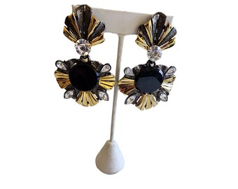 Vintage 80s Large Metal Tricolor Clip Earrings (A2987)