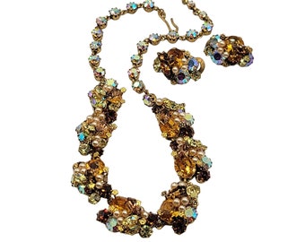 Vintage Austria marked Bronze Citrine Pearl AB Necklace & Earrings Set (A2923)