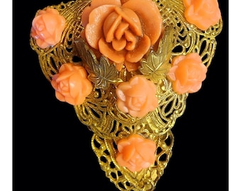 Vintage Gold-Tone Dress Clip With Faux Coral Roses & Filigree Design (A5927)