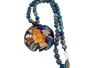 Signed MCM David Kuo Champleve Pendant On Semi Precious Beaded Necklace (A4956)