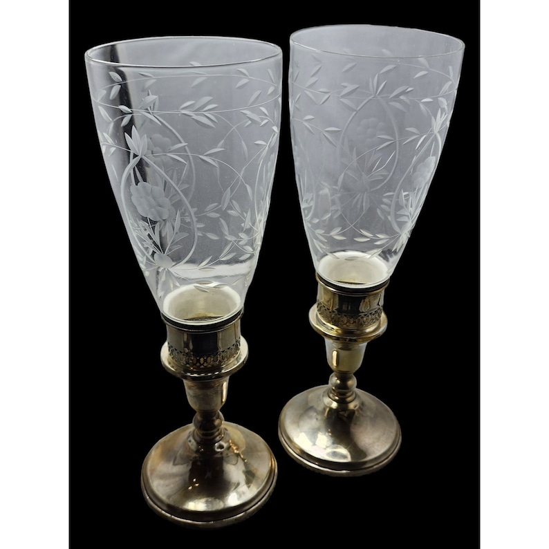 Vintage Sterling Silver 2 Part Hurricane Etched Glass Candle Stick