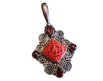 Vintage Signed Sajen 925 Sterling Carved Cinnabar Pendant (A2127)