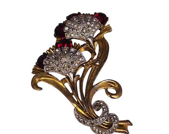 Antique Rare Unique Rhinestone Cast Fan-Shaped Flower Brooch (A8893)
