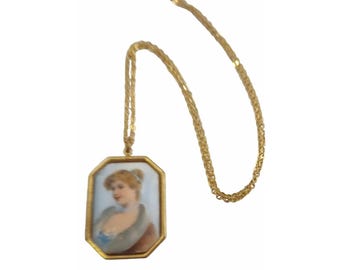 Vintage Pastel Porcelain Portrait Necklace (A5754)
