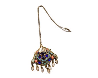 Vintage Unusual Glass & Stone Tribal Pendant Brooch on 12Kt Gold Filled Chain
