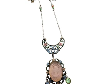 Vintage Signed Glass Works Studio Molded Glass Silhouette and Enamel Necklace