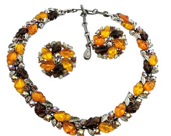 Beautiful Molded Acrylic Fall Tone Leaf Necklace and Earrings Set (A2281)