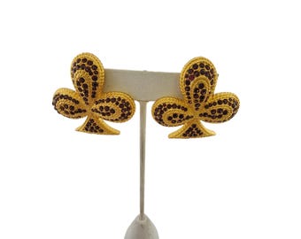Vintage Clover Rhinestone 80s Clip Earrings (A3305)