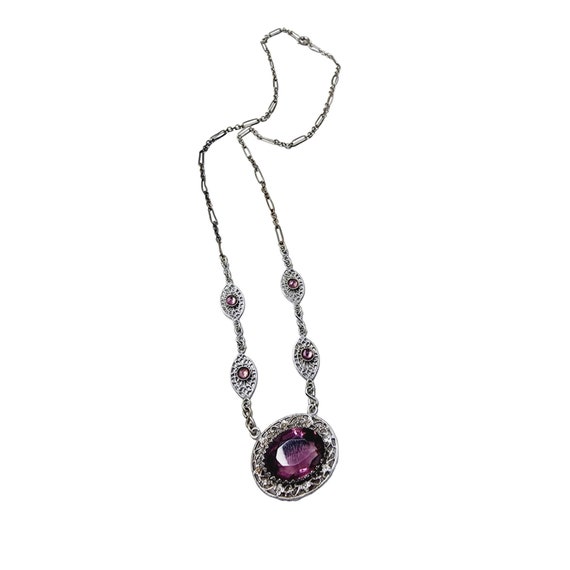 Vintage Art Deco Filigree & Glass Necklace (A2849) - image 2