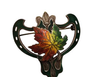 Vintage Sterling Victorian Canadian Maple Leaf Fleur-de-Lis Enamel Sash Pin