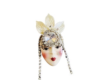 Vintage 80s Porcelain Signed Lady Brooch (A2989)