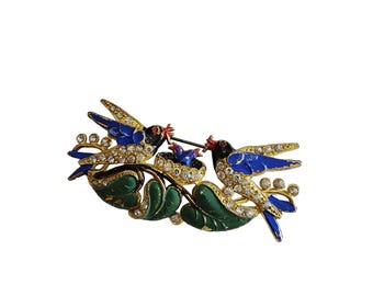 Early Estate Double Bird Enameled Jeweled Brooch (A1576)