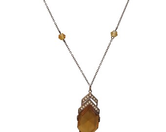Vintage Signed Czech Art Deco Faceted Glass & Paste Pendant Necklace (A3914)