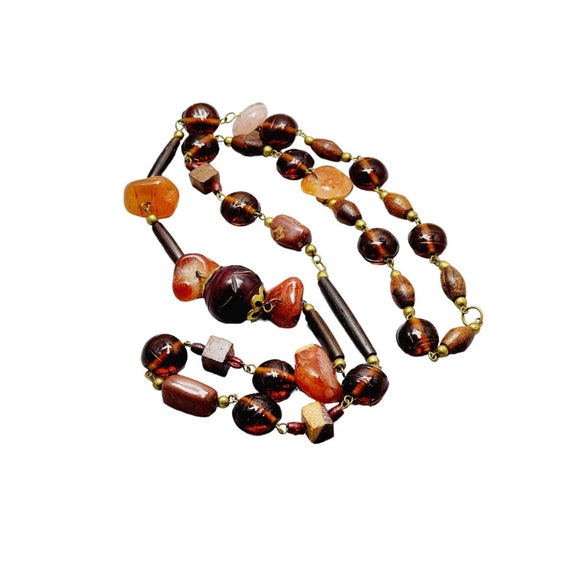 Vintage Wood Glass & Natural Carnelian Beaded Nec… - image 4