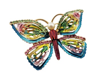 Vintage Beautiful Enamel Rhinestone Butterfly Brooch (A3168)