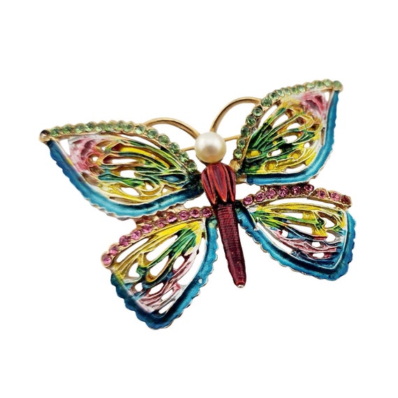 Vintage Beautiful Enamel Rhinestone Butterfly Brooch (A3168)