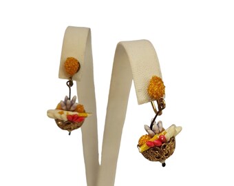 Vintage Sugared Fruit In Filigree Basket Screw Back Earrings (A4359)