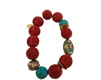 Vintage NOS Bee Charming Cinnabar & Bali Beaded Stretch Bracelet (A9213)