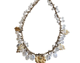Fabulous Leaded Crystal & Brass Leaves Dangle Bib Necklace (A2373)