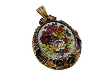 Antique Gold Filled Rare Raised Mosaic Floral Pendant (A7716)