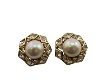 Vintage Spectacular 80s Christian Dior Pearl and Rhinestone Clip Earrings (A9164)
