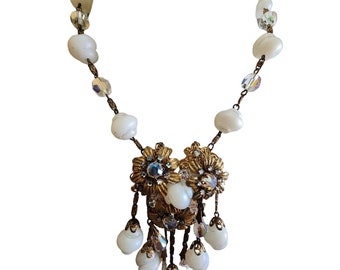 Vintage Stunning All Glass & Crystal Brass Dangle Necklace (3346)