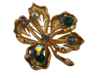 Vintage Signed Coro Matte Gold Stylized Leave Brooch with Crystals (A4789)
