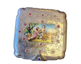 Antique Spectacular 800 Silver Porcelain Figural Scene Jeweled Mirror Compact