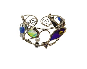 Vintage Dichroic Glass Artisan Hand Wired Cuff Bracelet (A676-A)