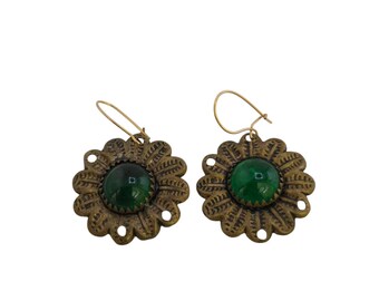 Vintage Flower and Glass Pierced Earrings (A9122)