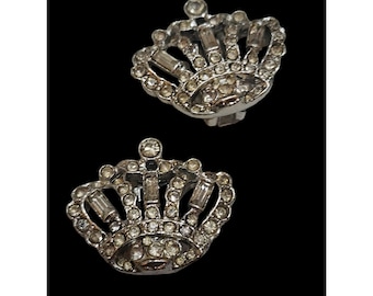 Vintage Unsigned Rhinestone Crown Clip Earrings (A4692)