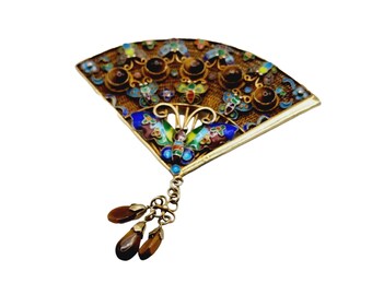 Antique Signed Chinese Import Cloisonne Tiger Eye Silver Fan Brooch (A1209)