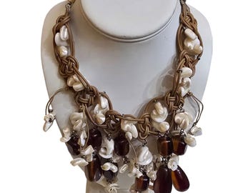 Woven Leather? Shell Glass Resin Dangle Necklace (A9422)