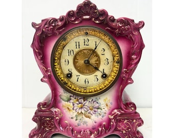 Tuckahoe Ansonia Porcelain Pink Floral Mantle Clock